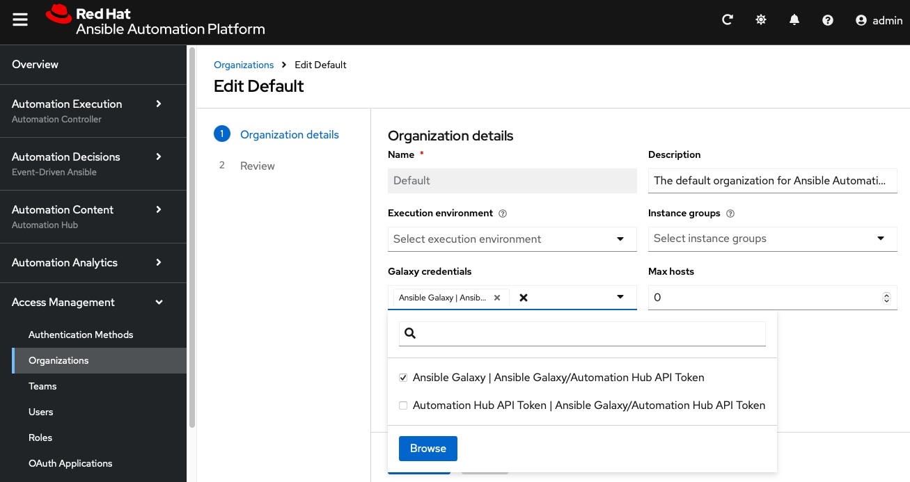 Screenshot of the Ansible Automation Platform edit organization view.