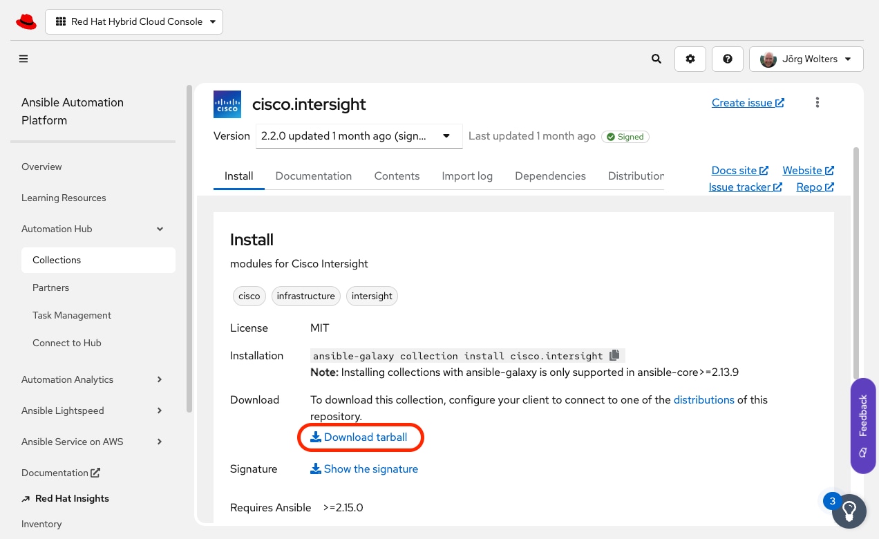 Screenshot of the Cisco Intersight collection available for download from https://console.redhat.com.