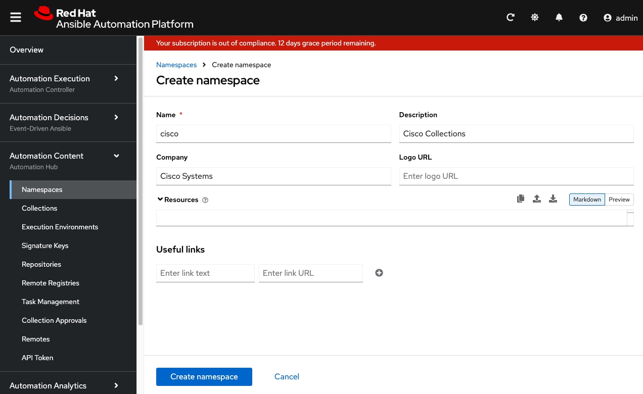 Screen shot of the upload collection screen in Ansible Automation Platform.