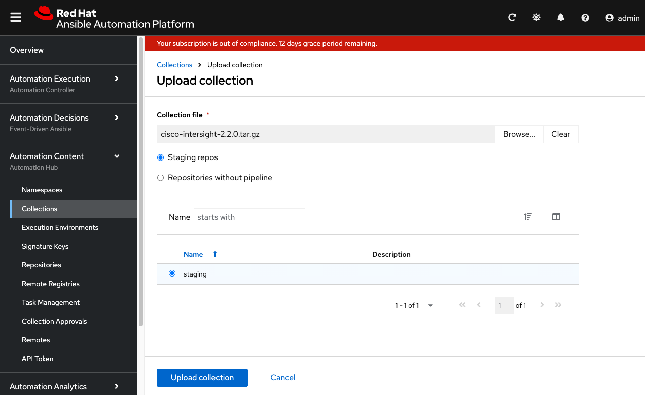 Screen shot of the create namespace screen in Ansible Automation Platform.