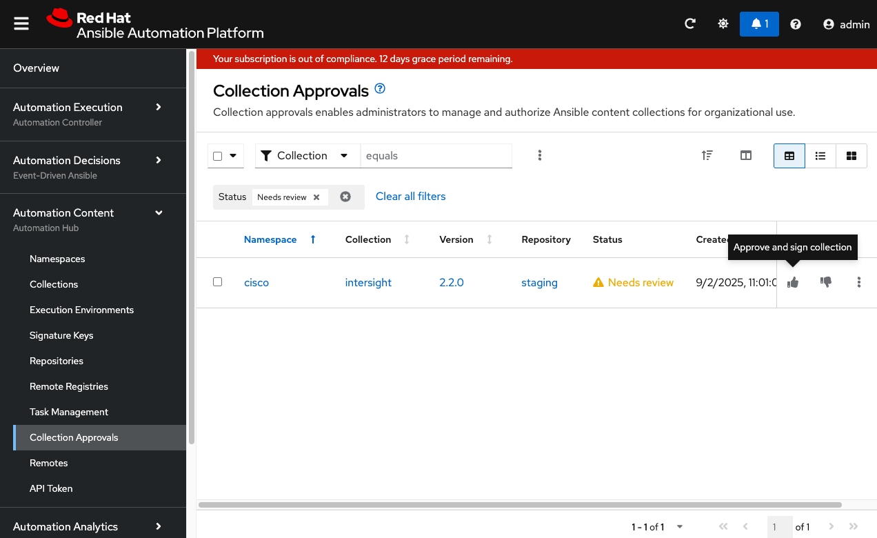 Screen shot of the collection approval screen in Ansible Automation Platform.