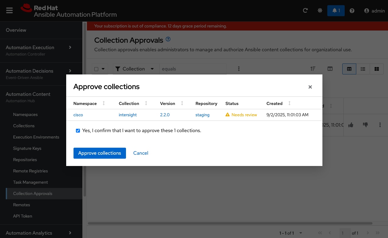 Screen shot of the collections listed under the cisco namespace in Ansible Automation Platform.