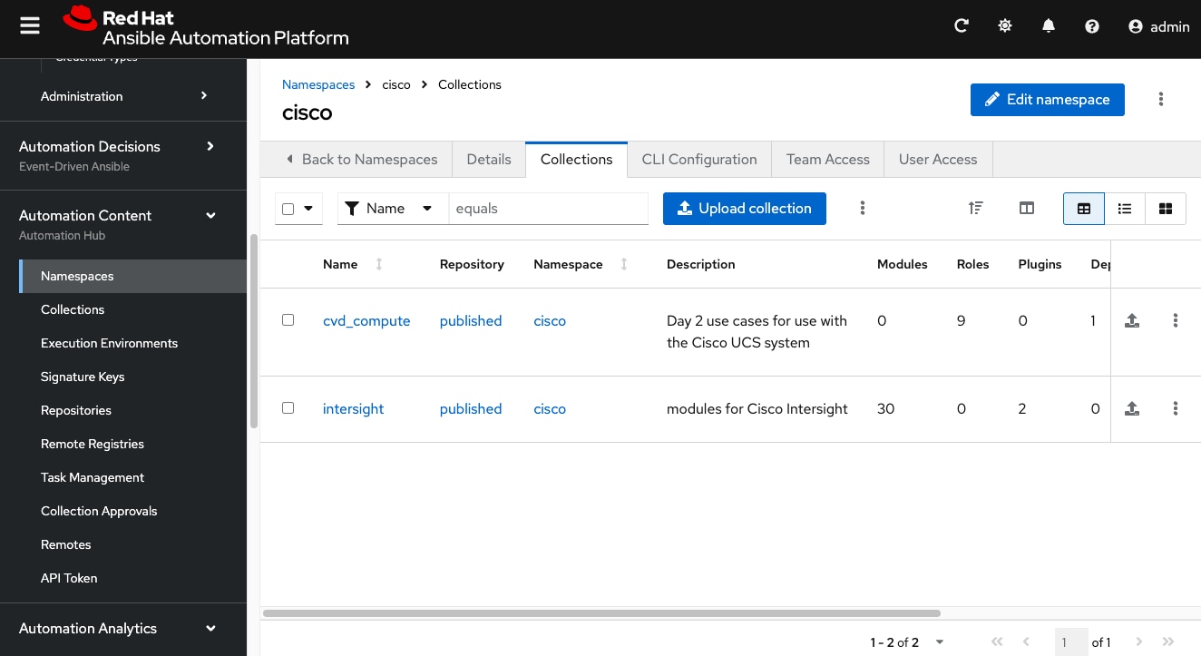 Screen shot of the collections listed under the in Ansible Automation Platform.