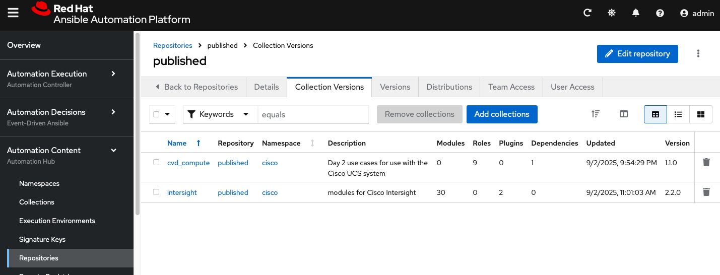 Screen shot of the published repositories in Ansible Automation Platform.