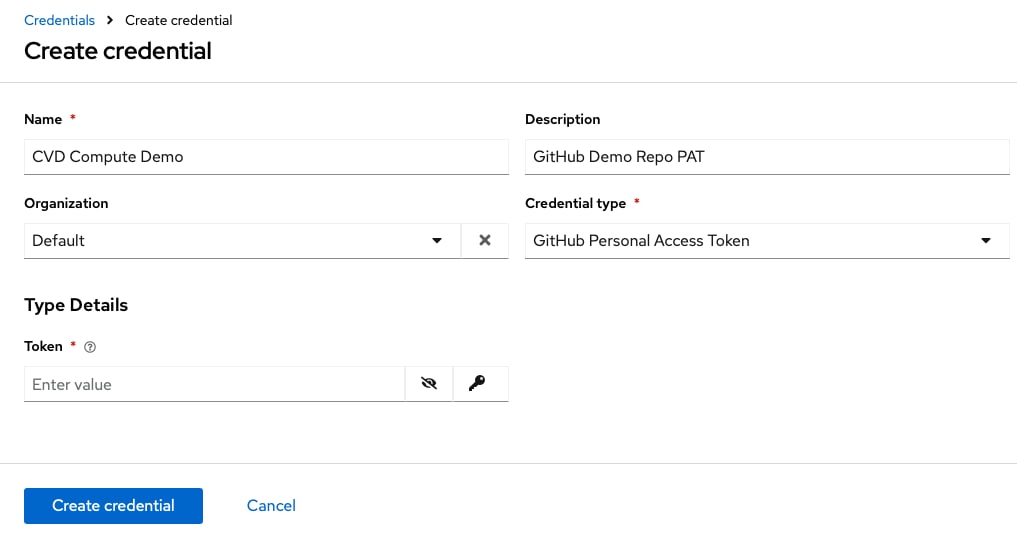 Ansible Automation Platform screen shot for the Create Credential procedure.