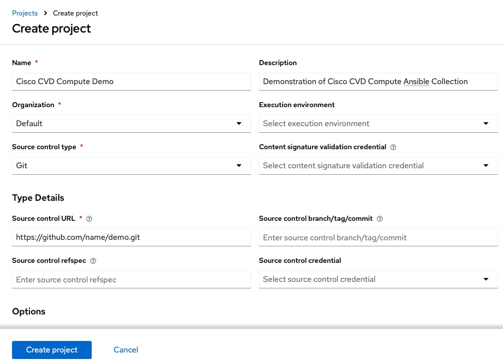 Ansible Automation Platform screen shot creating a new project.
