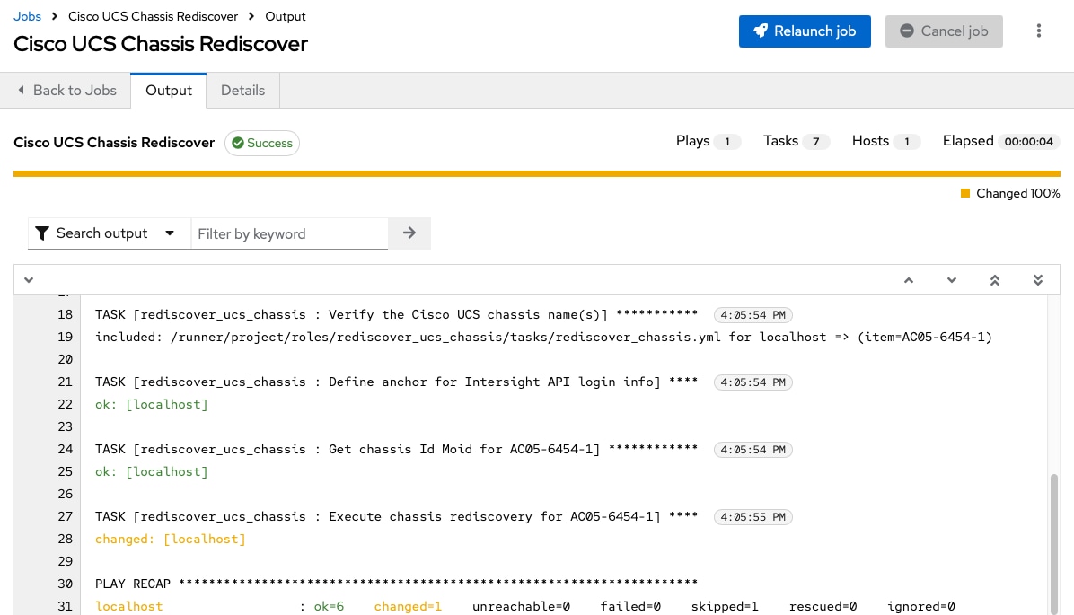 Ansible Automation Platform screen shot of the output for the Cisco UCS chassis rediscover job template.