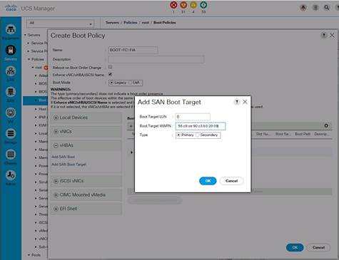 Description: DeploymentGuide-Screenshots/UCS%20Server%20Configuration%20Screenshots/BootPolicyFigures/BP-FIA-AddSANBootTargetPrimary.png
