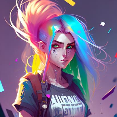 A cartoon of a person with colorful hairDescription automatically generated
