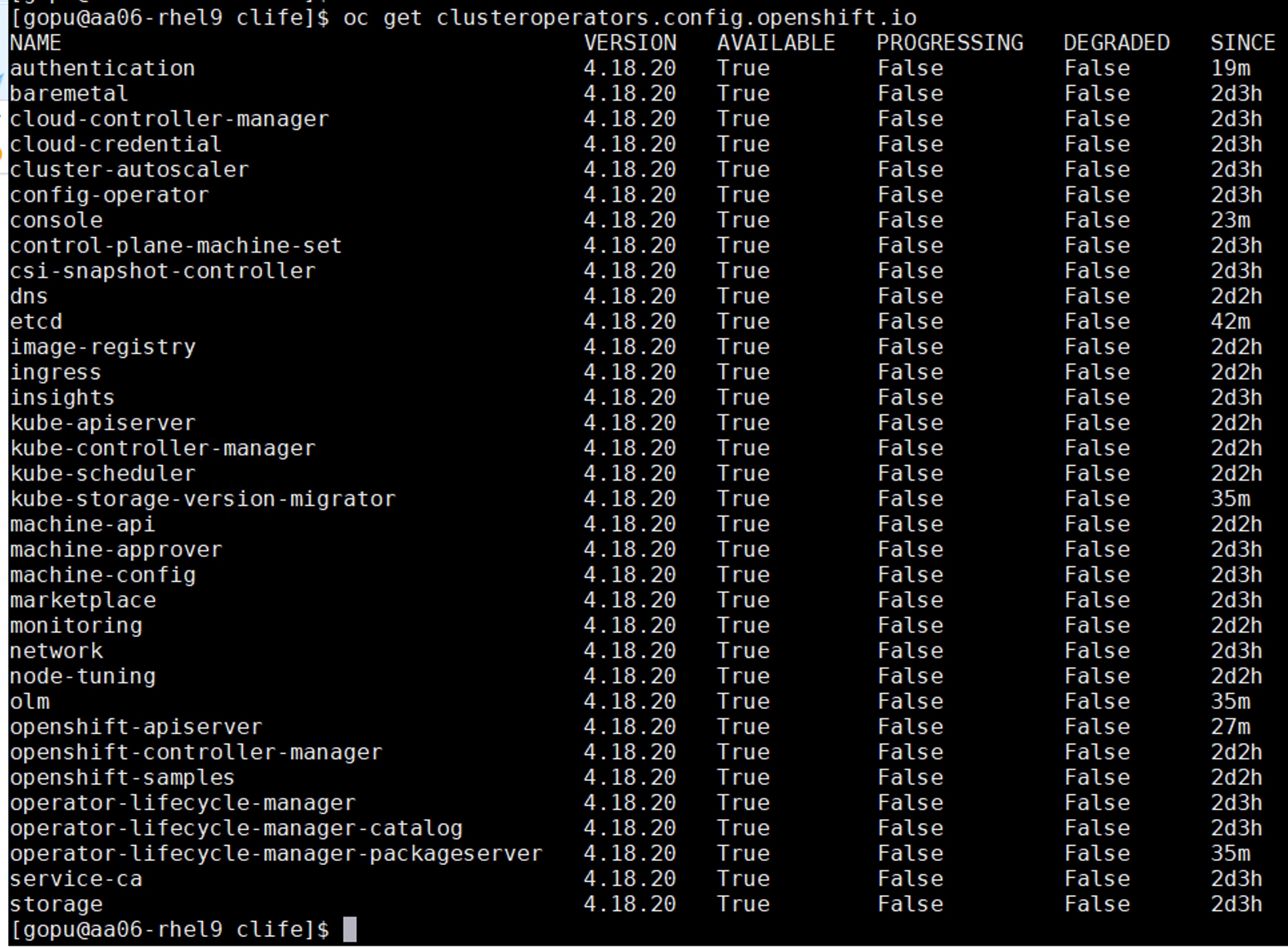 [ gopu@aa06- rhe19 clife]$ oc get clusteroperators . config. openshift. ioNAMEVERSIONAVAILABLEPROGRESSINGDEGRADEDSINCEauthentication4.18.20TrueFalseFalse19mbaremetal4.18.20TrueFalseFalse2d3hcloud-controller-manager4.18.20TrueFalseFalse2d3hcloud-credential4.18.20TrueFalseFalse2d3hcluster-autoscaler4.18.20TrueFalseFalse2d3hconfig-operator4.18.20TrueFalseFalse2d3hconsole4.18.20TrueFalseFalse23mcontrol-plane-machine-set4.18.20TrueFalseFalse2d3hcsi-snapshot - controller4.18.20TrueFalseFalse2d3hdns4.18.20TrueFalseFalse2d2hetcd4.18.20TrueFalseFalse42mimage- registry4.18.20TrueFalseFalse2d2hingress4.18.20TrueFalseFalse2d2hinsights4.18.20TrueFalseFalse2d3hkube-apiserver4.18.20TrueFalseFalse2d2hkube-controller-manager4.18.20TrueFalseFalse2d2hkube-scheduler4.18.20TrueFalseFalse2d2hkube-storage- version -migrator4.18.20TrueFalseFalse35mmachine-api4.18.20TrueFalseFalse2d2hmachine-approver4.18.20TrueFalseFalse2d3hmachine-config4.18.20TrueFalseFalse2d3hmarketplace4.18.20TrueFalseFalse2d3hmonitoring4.18.20TrueFalseFalse2d2hnetwork4.18.20TrueFalseFalse2d3hnode- tuning4.18.20TrueFalseFalse2d2holm4.18.20TrueFalseFalse35mopenshift -apiserver4.18.20TrueFalseFalse27mopenshift-controller-manager4.18.20TrueFalseFalse2d2hopenshift-samples4.18.20TrueFalseFalse2d2hoperator-lifecycle-manager4.18.20TrueFalseFalse2d3hoperator-lifecycle-manager-catalog4.18.20TrueFalseFalse2d3hoperator-lifecycle-manager-packageserver4.18.20TrueFalseFalse35mservice-ca4.18.20TrueFalseFalse2d3hstorage4.18.20TrueFalseFalse2d3h[ gopu@aa06 - rhel9 clife]$