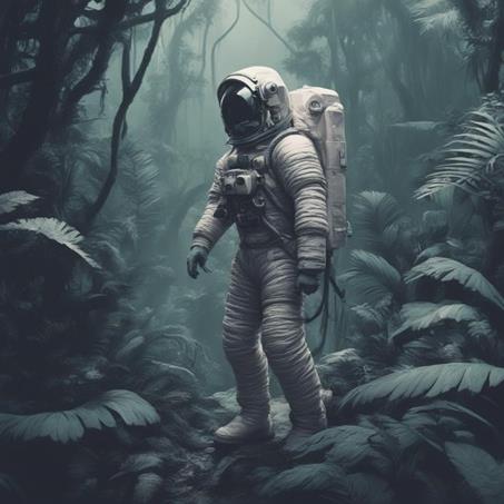 A astronaut in a forestDescription automatically generated