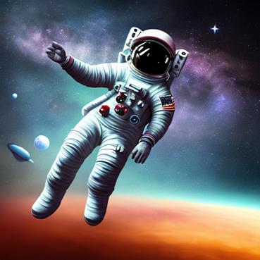 An astronaut in space with planets and starsDescription automatically generated