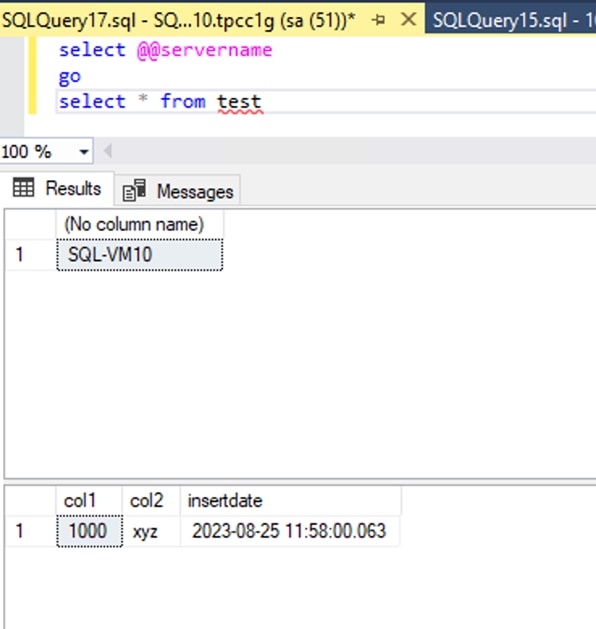 SQLQuery17.sql - SQ...10.tpcc1g (sa -a XSQLQuery15.sql - 1selectgoselect * from100 %Resuhs Messages(No colu•nn name)SQL-VMIOcoll c012xyzhsertdate2023-08-25
