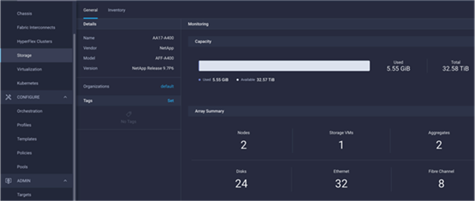 NetApp AFF A400 information in Cisco Intersight