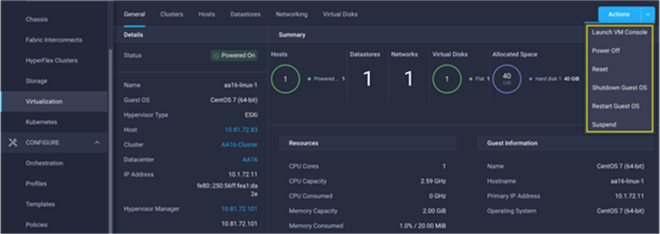 Virtual machine actions in Cisco Intersight