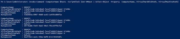 Machine generated alternative text:PS C: Invoke—conunand —ComputerName Shosts -ScriptB10ck {Get-WHost ISel ect -Obj ect-PropertyComputerName ,Vi rtual HardDiskpath ,Vi rtua1Machi nepath}ComputerNameVi rtual Har dDi skpathVi rtua1Machi nepathPSComputer NameRunspaceldComputerNameVi rtual Har dDi skpathVi rtua1Machi nepathPSComputer NameRunspaceldComputer NameVi rtual Har dDi skpathVi rtua1Machi nepathPSComputer NameRunspaceld\\hxhvlsmb. hxhvdom2.1 Ocal -V\VHDs\\hxhvlsmb. hxhvdom2.1 Ocal \HXDS1\Hyper -V. hxhv12. 53d20d3a-8907-48do-ac63-1e97b5d80f1e. HXHVII\\hxhvlsmb. hxhvdom2.1 Ocal -V\VHDs\\hxhvlsmb. hxhvdom2.1 Ocal \HXDS1\Hyper -V. hxhv11: 2077babb-fe03—4ab2-98e5—fOcc6ffOcfa3: 1--D04V14\\hxhvlsmb. hxhvdom2.1 Ocal -V\VHDs\\hxhvlsmb. hxhvdom2.1 Ocal \HXDS1\Hyper -V. hxhv14: 6eef39c1-ee2c—43be-bdf6—b7e726503dfc