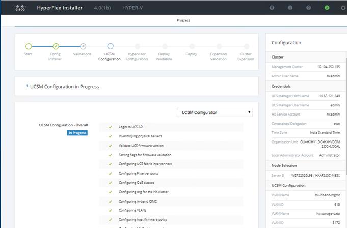 Machine generated alternative text:c•scloHX Service untQCSCx—fgurin:HyperFlex Installer4.0(1 b)ucsMHYPER-VUCS APIUCS fifor firCx—fsurin.org for the HXCx—fgurin: in-ind CIMCri VANEoooCeployUCS M Configurationo10.1022S21Es10.83121=0Admin i EtætwHAFzzc-Mssx3172oConfigValidationsUCSM Configuration in ProgressLICSM Configuration -*icyConfiguration'JCS'JCS & e runitNodeUCS M CmfrguVLANVLAN OVLANVLAN O