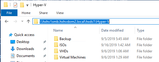 Machine generated alternative text:HomeHyper-VShare* Quick accessDesktopDownloadsDocumentsViewNameBackupIsosVHDsVirtual MachinesDate modified9/5/2019 5:45 AM1:42 AM9/6/2019 1:06 AM9/6/2019 1:29 AMTypeFile folderFile folderFile folderFile folder