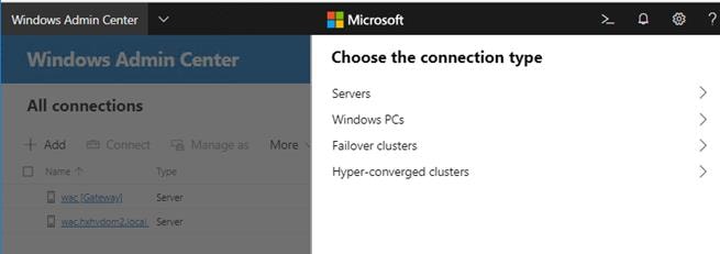 Machine generated alternative text:Windows Admin Center vWindows Admin CenterMarMicrosoftChoose the connection typeServersWindows PCsFailover clustersHyper converged clusters>_All connectionsAddNametxtvdcm2.IoceIServer