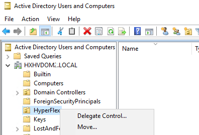 Machine generated alternative text:Active Directory Users and ComputersFile Action View HelpActive Directory Users and Computers NameSaved Queriesv * HXHVDOW.LOCALguiltinComputersDomain ControllersForeignSecurityPrincipaIsHyperFKeysLostAndFDelegate Control...Move...