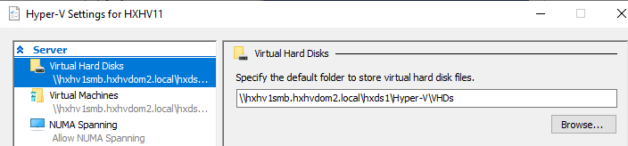 Machine generated alternative text:Hyper-V Settings for HXHVIIServerVirtual Hard DisksWnxhv Ismb hxhvdom2. local\hxds.Virtual MachinesWnxhv Ismb hxhvdom2. locallhxds.NIJMA SpanningAllon NIJMA SpanningVirtual Hard DisksSpecify the default folder to store virtual hard disk files.Wnxhv Ismb hxhvdom2. -VWHDsBrowse...