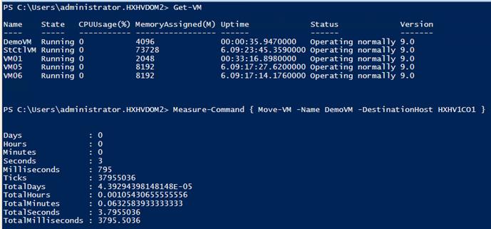 Machine generated alternative text:NameDemoWstctlwwolVM05VM06PS nistrator .HXHVDOM2> Get—VM.3StateRunni ngRunni ngRunni ngRunni ngRunni ngMemoryAssi gned(M)409673728204881928192Upt i me94700006. 09: 23:45. 359000000: 33: 16. 89800006.09: 17 : 27. 62000006. 1760000StatusOperati ngOperatingOperatingOperatingOper at i ngnormal lynor mal lynor mal lynor mal lynormal lyVersi on9.09.09.09.09.0PS nistrator .HXHVDOM2> Measure—command { Move—VNDaysHour sMinutesSecondsMi 11 i seconds. 795Ti cks. 37955036Tot a 1 Days4. 39294398148148+05Total Hourso. 00105430655555556TotalMi nuteso. 0632583933333333Total Seconds. 3.7955036TotalMi lliseconds .3795 . 5036-Name DemoW-Desti nationHost HXHVICOI }