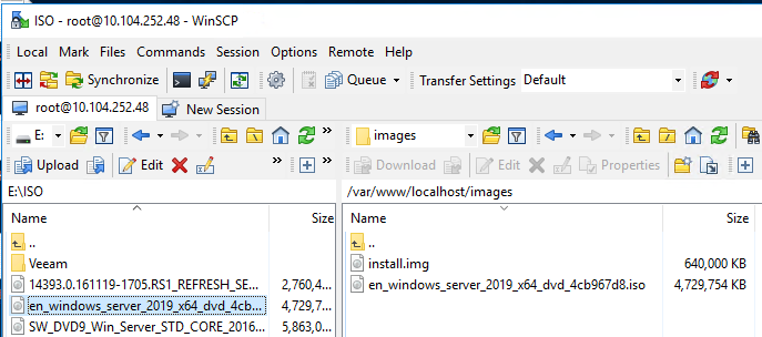 Machine generated alternative text:ISO root@10.104.25248 WinSCPLocal Mark Files Commands Sessionroot@10.104252.48 NewsessionUpload Edit XeusoVeeamLj 14393.0.16111g-1705.Rs1 REFRESH SE...$en windows server 2019 x64 dvd 4cb...OptionsRemote HelpQueue • Transfer Settings DefaultImagesSize27604.../var/www/localhost/imagesNameinstall.imgen windows server_201g x64 dvd 4cb967d8.isoSize640000 KB