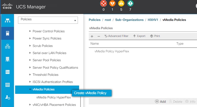 Machine generated alternative text:UCS ManagerPoliciesPower Control Polic ies• Power Syrc PoliciesScrub PoliciesSerial over LAN PoliciesServer Pool PoliciesServer Pool Policy QualificationsThreshold PoliciesiSCS Authentication ProffesPolicies / root Sub-organizations HXHVI J' vMedia PoliciesvMedia PoliciesY. Advanced FilterNamevMedia PWperFIexCreate vKEdia PdtyvMedia Policy HyperFIex• Placement WciesprintType@Add