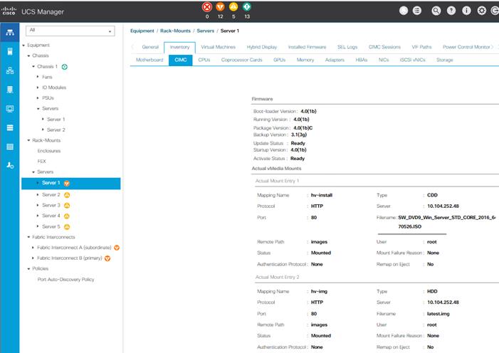 Machine generated alternative text:UCS Manager• Chassis 1Far'SServer 1Server 2server 2Server 3Server 4 0Server 5• FabricI nterCOr"1ECt APurt icyEquipmatt /GenCMC09 • o0 12 5Sewers 1Virtual Machineg Hybrid Installed•eSEL CMC sessic„ts PathsCPUS GPUg Adapters4.0(1b)BÜOt-loader4.011b)Package3.1(3g)Bat k up Vupdate Status4.011b)Activate Sta tugv%dia ntSEntryN grogRe PathPruttx:dEntry 2N grogRe PathPruttx:dHBAgNICgiscsl vNlCsS tot agg10.104.252.48Wunt FailureEject10.104.252.48Wunt FailureEject