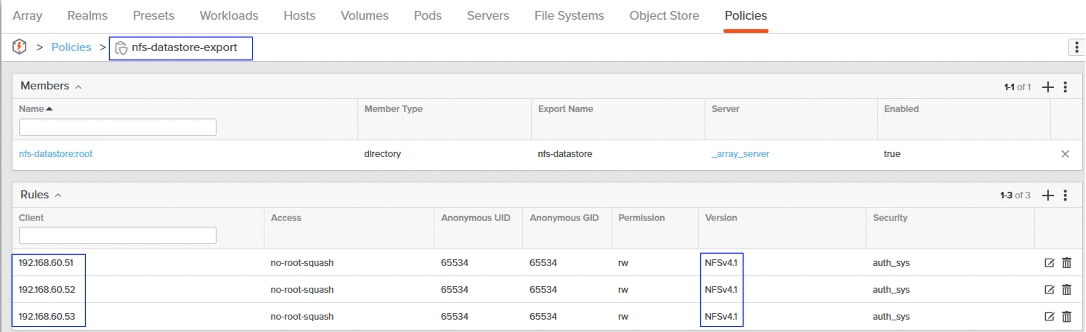 ArrayRealmsPresetsWorkloadsHostsVolumesPodsServersFile SystemsObject StorePolicies> Policies >nfs-datastore-export:Members A1-1 of 1+ :Name ^Member TypeExport NameServerEnableddirectorynfs-datastore_array_servertrueXnfs-datastore:rootRules ^1-3 of 3+ :ClientAccessAnonymous UIDAnonymous GIDPermissionVersionSecurity192.168.60.51no-root-squash6553465534rwNFSv4.1auth_sys192.168.60.52no-root-squash6553465534rwNFSv4.1auth_sys192.168.60.53no-root-squash6553465534rwNFSv4.1auth_sys