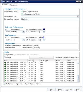 Description: Machine generated alternative text: VNX5400-Top - Create Storage Pool
JGeneral 1 Advanced
r Storage Pool Parameters
Storage Pool Type: ® Eool C) ßAID Group
Scheduled Auto-Tiering
Storage Pool ID:
Storage Pool Name: SQL_Data
Extreme Perforniance
RAID Configuration Number of Flash Disks
RAID1/0 (4+4) ] i(Recornmended)J
P e rio rm a n ce
RAID Configuration
RAIDS (4+1) _____
Distribution
Extreme Performance : 1467.555 GB (9.86%)
Performance : 13420.19 GB (90.14%)
Disks —
® Automatic
Q Manual
I- In IcI
Number of SAS Disks Ø
_____ 25 (Recommended) _yJ
Select,.,
Total Raw
Capacity: 14887.74..,
Disk
Capacity
Drive Type
Model
State
r bus U tnciosure 1 DIsk
¿4
5Jb.U
(ib
SAS
MUC1U9UÒ
CL... Unbound
A
Bus O Enclosure 1 Disk
23
536.808
GB
SAS
HUC1O9O6
CL... Unbound
Bus O Enclosure 1 Disk
22
536.808
GB
SAS
HUC1O9O6
CL... Unbound
$ Bus O Enclosure 1 Disk
21
536.808
GB
SAS
HUC1O9O6
CL... Unbound
$ Bus O Enclosure 1 Disk
20
536.808
GB
SAS
HUC1O9O6
CL... Unbound
$ Bus O Enclosure 1 Disk
19
536.808
GB
SAS
HUC1O9O6
CL... Unbound
$ Bus O Enclosure 1 Disk
18
536.808
GB
SAS
HUC1O9O6
CL... Unbound
$ Bus O Enclosure 1 Disk
17
536.808
GB
SAS
HUC1O9O6
CL... Unbound
$ Bus O Enclosure 1 Disk
16
536.606
GB
SAS
HUC1O9O6
CL... Unbound
$ Bus O Enclosure 1 Disk
15
536.808
GB
SAS
HUC1O9O6
CL... Unbound
y
‘‘1 Perform a background verify on the new storage
2K Apply Çancel help