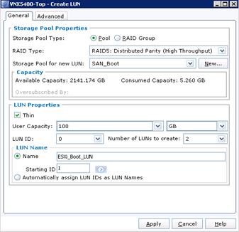 Description: Machine generated alternative text: ‘vr’X54OO-Top - Create LUN ________ _______________ SII fl
General 1_Advanced
Storage Pool Properties
Storage Pool Type: ® fool Q fAID Group
RAID Type: RAID5: Distributed Parity (High Throughput)
Storage Pool for new LUN: SAN_Boot NewE
r Capacity
Available Capacity: 2141.174 GB Consumed Capacity: 5.260 GB
r LUN Properties
Rl Thin
User Capacity: 100  GB V
LUN ID: V I Number of LUNs to create: 2
LUN Name
® N ame ESXi_Boot_LUN p
Starting IDE )
Automatically assign LUN IDs as LUN Names
ßpply Çancel Help