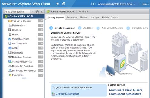 Description: Machine generated alternative text: vmwaroe vSphere Web Client * @
C) I Adninistrator@VSPHERELOCAL I Help w
(svUenter servers
1 @
Top Level Objects
jj Datacenters
ti Clusters
Hosts
5b Virtual Machines
VM Templates
vApps
D Datastores
Datastore Clusters
Q. Standard Networks
= Distributed Switches
Distributed Port Groups
& Extensions
Getting Started
O Create Datacenter
Welcome to vCenter Server
You are ready to set up vCenter Server. The
first step is creating a datacenter
A datacenter contains all inventory objects
such as hosts and virtual machines. You
might need only one datacenter. Large
companies might use multiple datacenters to
represent organizational units in their
enterprise.
To get started click Create Datacenter
Explore Further
a’
a’
AddHost O AddVirtualMachine t’ Completeset4
si
a’
ai
a’
:Center Saver
Learn more about folders
Learn about datacenters
Create Datacenter