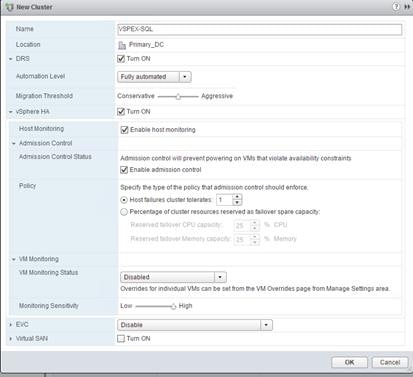 Description: Machine generated alternative text: Name VSPEX-SQL
Location j Primary_DC
— DRS TurnON
Automation Level Fully automated
Migration Threshold Conservative . . Aggressive
vSphere HA  Turn ON
Host Monitoring  Enable host monitoring
Admission Control
Admission Control Status Admission control will prevent powering on VMs thatviolate availability constraints
Enable admission control
Policy Specify the type of the policy that admission control should enforce.
‘:.) Host failures cluster tolerates: 1
«H Percentage of cluster resources reserved as failover spare capacity:
‘:apacity, 2
VM Monitoring
VM Monitoring Status .
Disabled v]
Overrides for individual VMs can be set from the VM Overrides page from Manage Settings area.
Monitoring Sensitivity Low —O High
EVC [Disable j v_J
Virtual SAN E Turn ON
L OKL LCancel ]