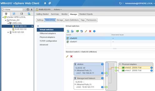 Description: Machine generated alternative text: G 4  10.65.123.111 Actions
Getting Started Summary Monitor rianage Related Objects
Standard switch: vSwitcho (vMotion)
‚X
vtvlotion
VLAN ID: 40
V VMkernel Ports (1)
vmkl :192.168.40.11
t Management Network
VLAN ID:—
V Vivikernel Ports (1)
vmko:10.65.123.111
[V Physical Adapters
4 vmnicü
20000
Full
Ø
4 vmnicl
20000
Full
Ø
vmware vSphere Web Client
Home
n_U-1  [‘ ci
H
Eh Primary_DC
«t) VSPEX-SQL
10.65.123.111
10.65.123.112
10.65.123.120
‘ 0 Adnwnistrator@VSPHERELOCAL -
L5e95 [Networwngl Storage Alarm Definitions Tags Permissions]
> I Virtual switches
OðXO
VMkernel adapters
Physical adapters ij. vSwitcho
TCP!IP configuration  vSwitchl
Advanced
Discoveced Issues