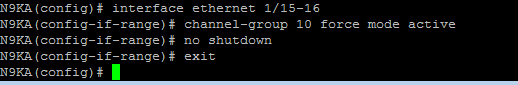 Description: Machine generated alternative text: N9KA(config)# interface ethernet 1/15—16
N9KA(config—if—range)# channel—group lo force mode active
N9KA(config-if-range)# no shutdown
N9KA (conf ig—if—range) $ exit
N9KA(config)$ • __________________________________