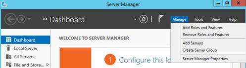 Description: Machine generated alternative text: Server Manager D X
Dashboard v @) I r’ Manage Tools
Iesan
Features
¡j Dashboard 1 WELCOME TO SERVER MANAGER Remove Roles and Features
¡ Local Server Add Servers
¡j All Servers Create Server Group
iš File and Stora... • Configu re this cL Server Manager Properties