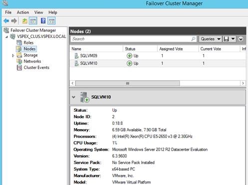 Description: Machine generated alternative text: Failover Cluster Manager
File Action View Help
.,  GLE ______ __________
4J Failover Cluster Manager Nodes (2) r r I
VSPEX CLUS.VSPEX.LOCAL
Search Quenes w ¡J w
fl Roles
Nodes Name Status Assigned Vote Current Vote InI
j Storage j SQLVMO9 (13 Up 1 1
-4] Networks . SQLVM1O ® Up 1 1
[4] Cluster Events
SQLVM1D
Staus: Up
Node ID: 2
Uptime: 0:18:8
Memory: 6.59 GB Available. 7.90 GB Total
Processors: (4) lntel(R) )on(R) CPU ES-2650 v3 @ 2.30(3Hz
CPU Usage: 1Z
Operaing System: Microsoft Windows Server 2012 R2 Datacenter Evaluation
Version: 6.3.9600
Service Pack: No Service Pack Installed
System Type: x64-based PC
Mandadtzer VMware, Inc.
Model: VMware Mrtual Platform