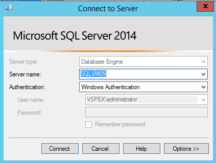 Description: Machine generated alternative text: Connect to Server
Microsoft SQL Server 2014
[pbase Engine
Server name: .
Authentication: Windows Authentication I I
User name: /SPEX drnnstnt’:r V
Password: I I
fl Remember password
Connect Cancel Help Options»