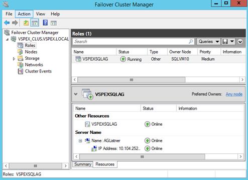 Description: Machine generated alternative text: Th
j Failover Cluster Manager
A  VSPEX_CLUS.VSPEX.LOCAL
Roles
Nodes
a Storage
-j Networks
ijJ Cluster Events
Other Resoixces
Q VSPEXSQLÆ (13 Online
Server Name
8 DI Name: N3Listner ® Online
IP Mdress: 1O.104.252_ ® Online
<[
SumrnÆyJ_Resources_J
Roles (1)
[Seatch
Name
VSPEXSQLN3
Status
13 Running
PlI Queries lU «I’
— —
Type Owner Node
Other SQLVM1O
‘‘‘
PBGQ
Priority Information
Medium
> II
Preferred Owners: Any node
Name Status Information
‘‘‘
Roles: VSPEXSOLAG
>
w