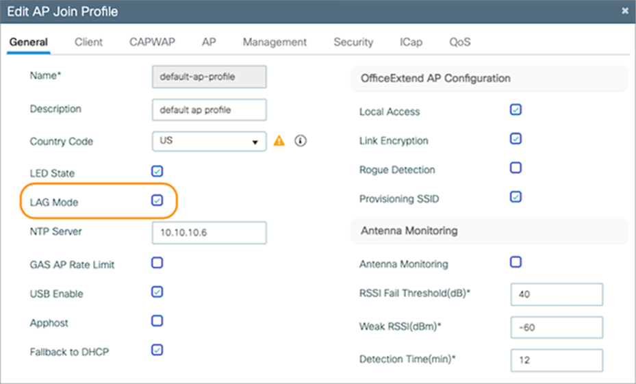 Enabling link aggregation on an AP join profile