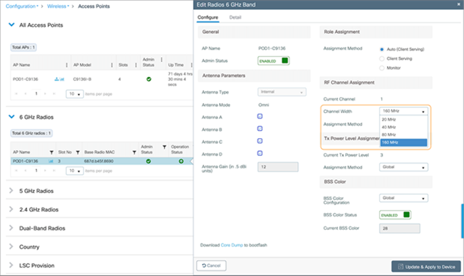 Configuring a 6-GHz radio on the Catalyst 9136I with a channel width of 80 or 160 MHz