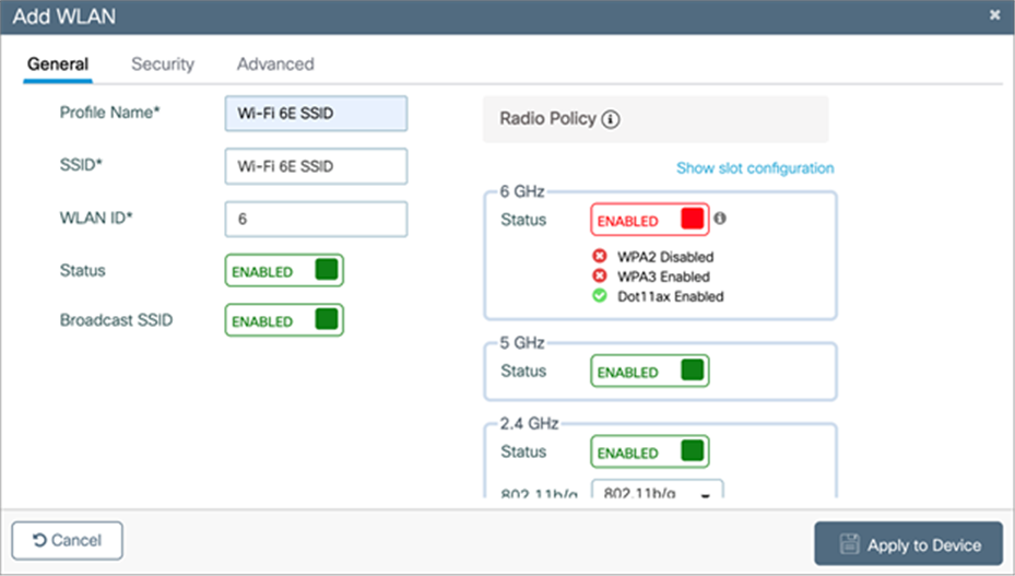 Inputting the WLAN’s Profile Name and setting the status to Enabled