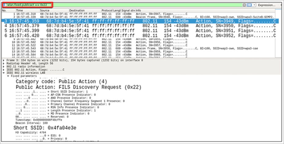 FILS discovery request frames shown in Wireshark