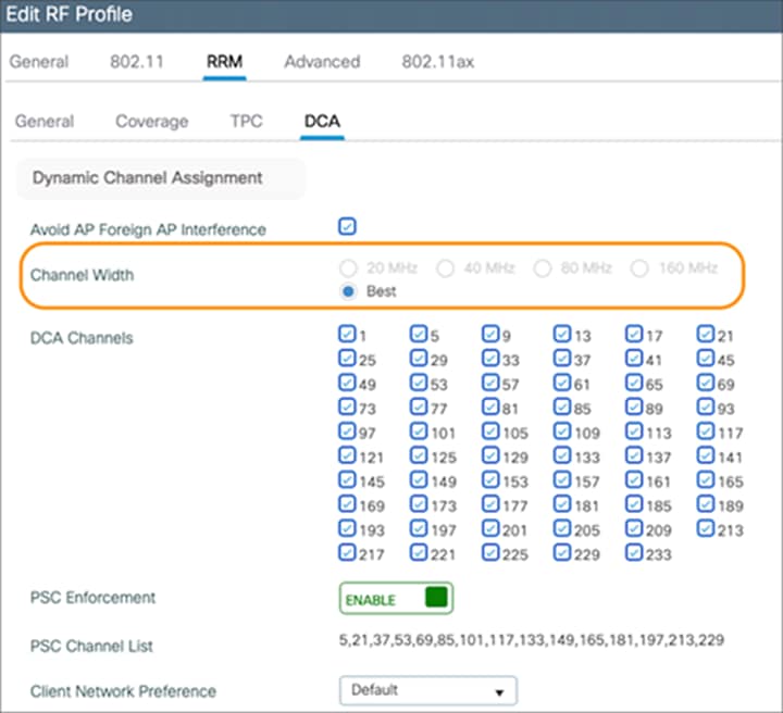DBS option enabled by setting Channel Width to Best