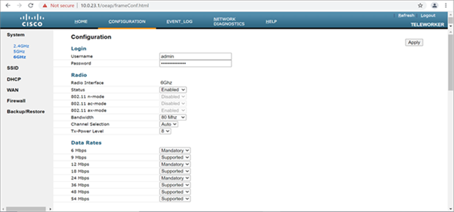 Configuration page of the Catalyst 9136I in Site Survey mode