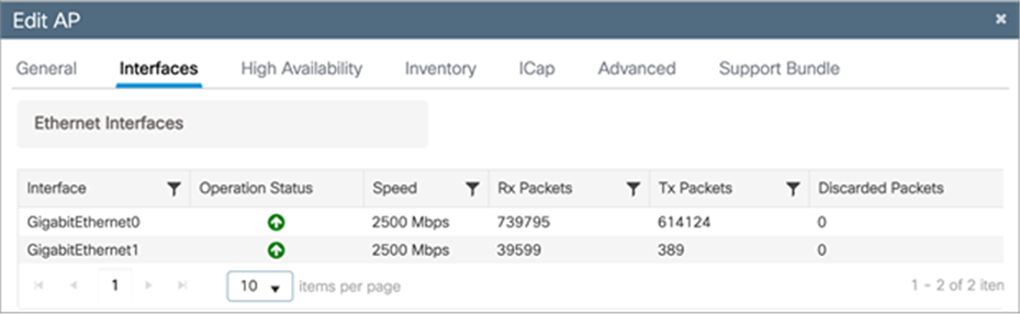 Viewing Catalyst 9136I port status and speeds; here both are connected to a 2.5-Gbps port.