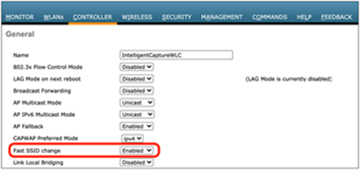 Location of the Fast SSID change toggle in the AireOS WLC GUI