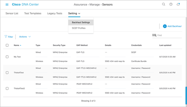 Location of backhaul settings and Add Backhaul button in Cisco DNA Center