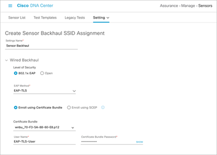 Configuring a custom certificate, username, and password with EAP-TLS for wired backhaul profile